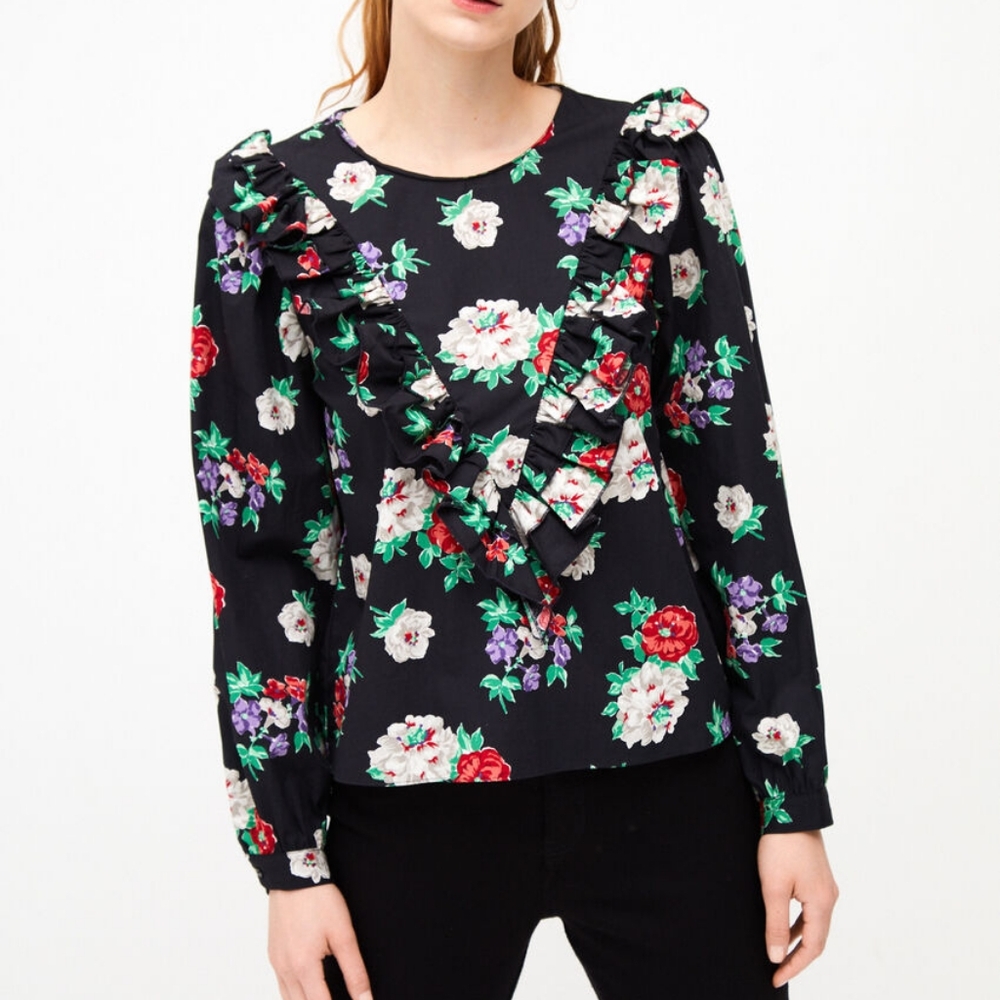 ZARA NWT‎ Women's Black Floral Ruffle Cotton Blouse Size XS